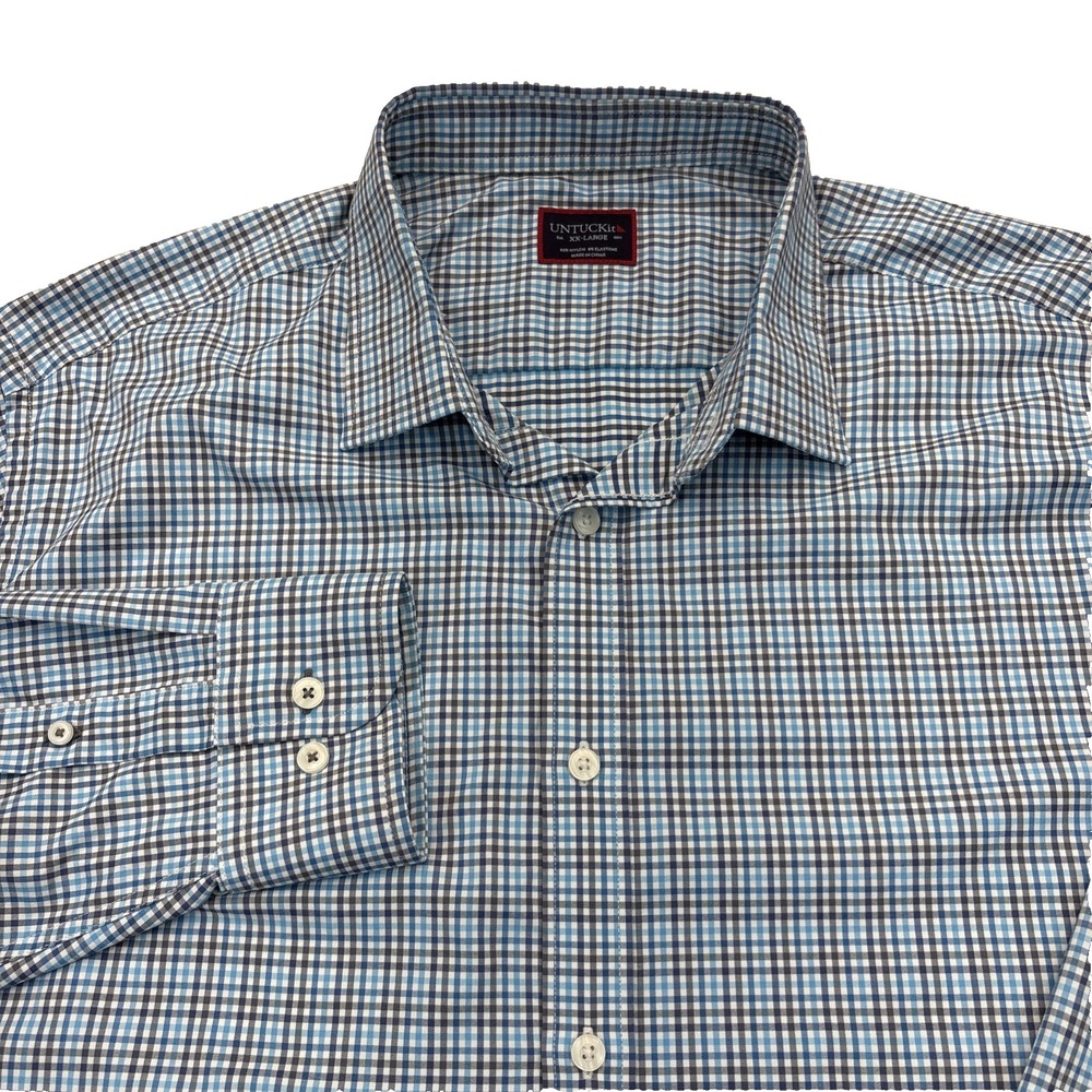 UNTUCKit Breganze XXL Blue Gingham Plaid LS Shirt Smart Casual Stretch
